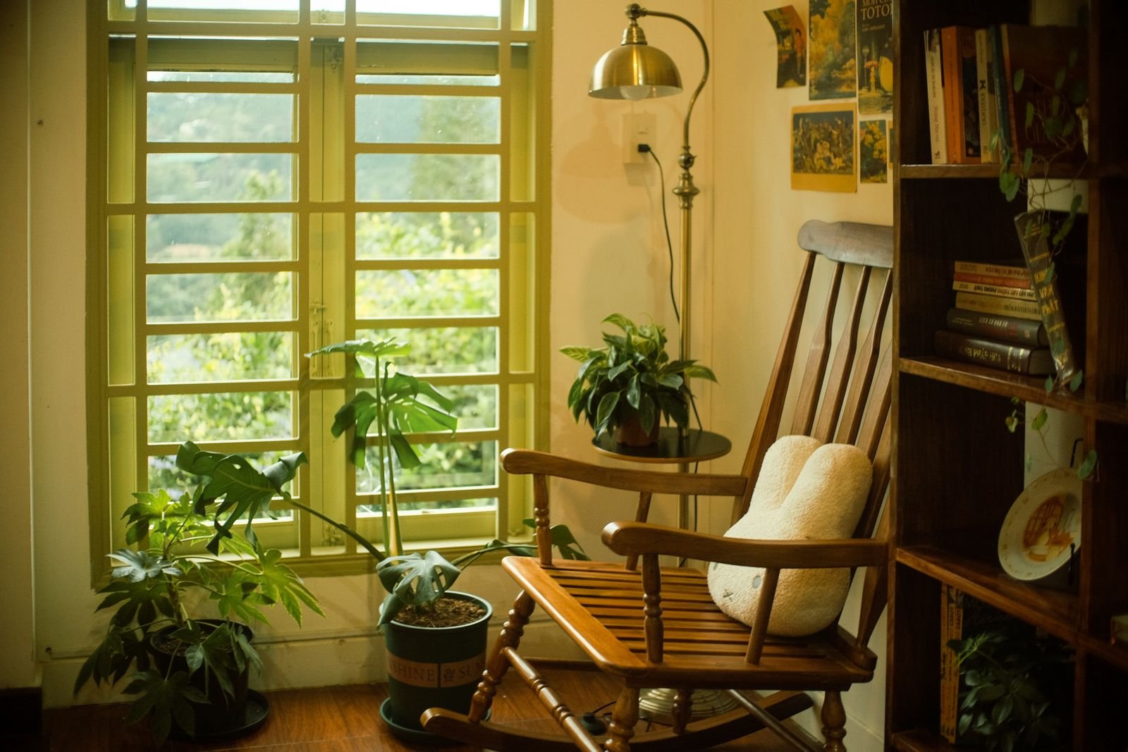 Cantinho de leitura tranquilo, com poltrona, plantas e luz de janela